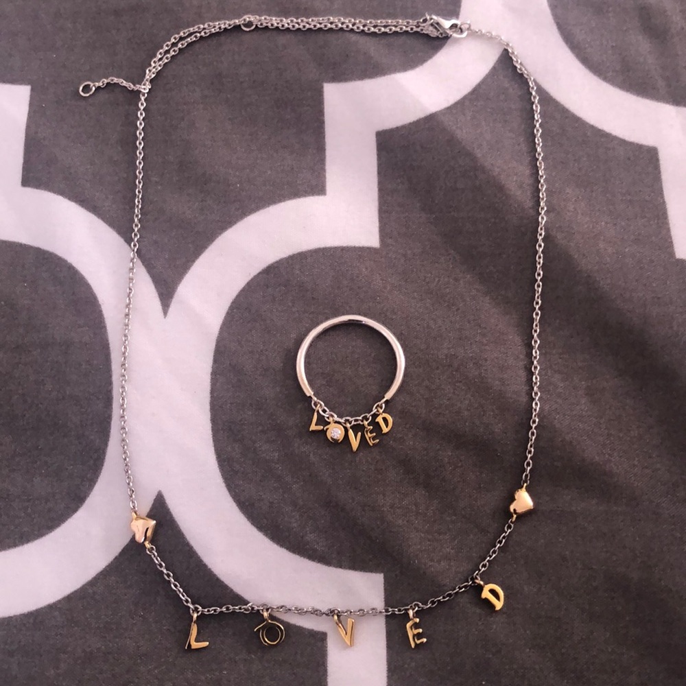 Pandora “Loved” Scripted Necklace & Ring Set